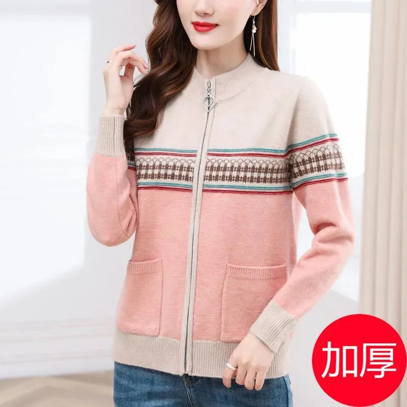 February August Women's Knitted Cardigan Coat 2025 Spring Autumn Female New Striped Short Coat With Loose Sweater Jacket