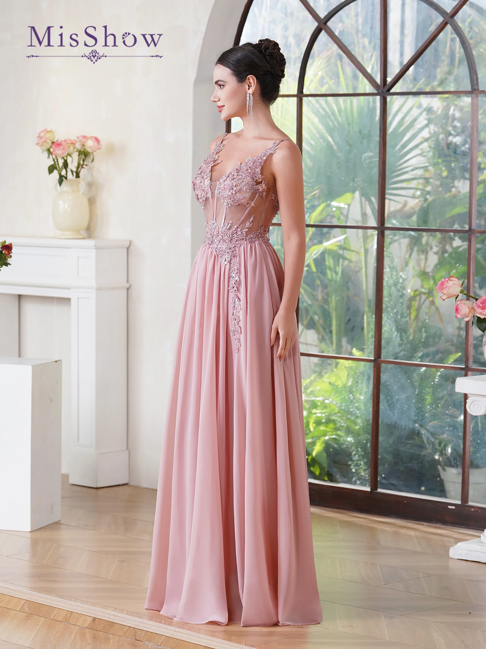 Elegant Dusty Rose Spaghetti Straps Prom Dresses Applique Fish Bone Illusion V Neck Evening Formal Party Gown Vestido De Fiesta