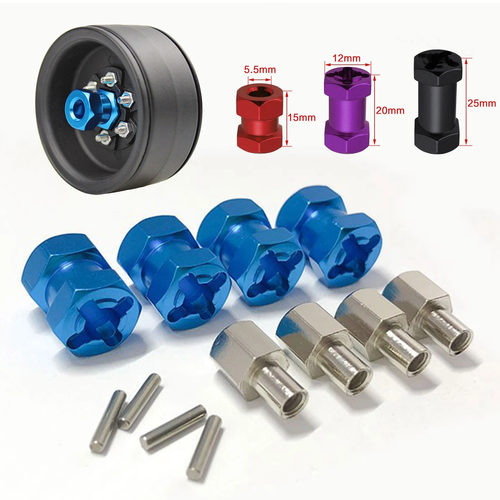 

1:10 RC Crawler Hex Hub Extensions 12mm Aluminum Wheel Adapter Kit for SCX10/D90/AX10/CC01/F350 Upgrades 4PCS Metal Hub Couplers