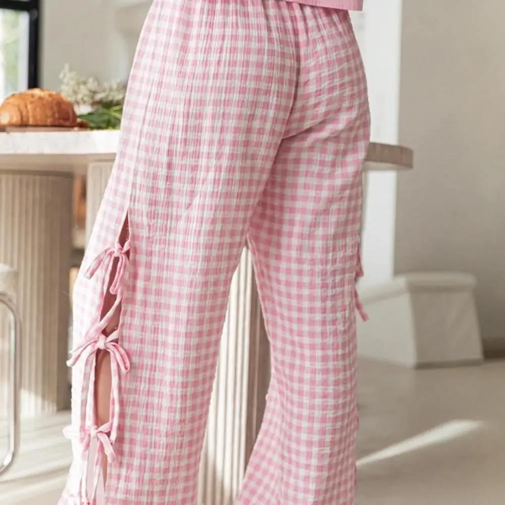 

Wide-leg Bottoms Plaid Print Wide Leg Trousers with Side Slit Bowknot Lace-up Detail Mid-rise Elastic Waist for Women for Work