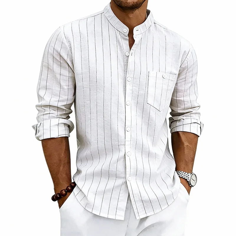 Herren Gestreiftes Jacquard-Leinenhemd mit Stehkragen, Langen Ärmeln und Taschendesign, Lässige Mode für Pendler, Frühling Sommer