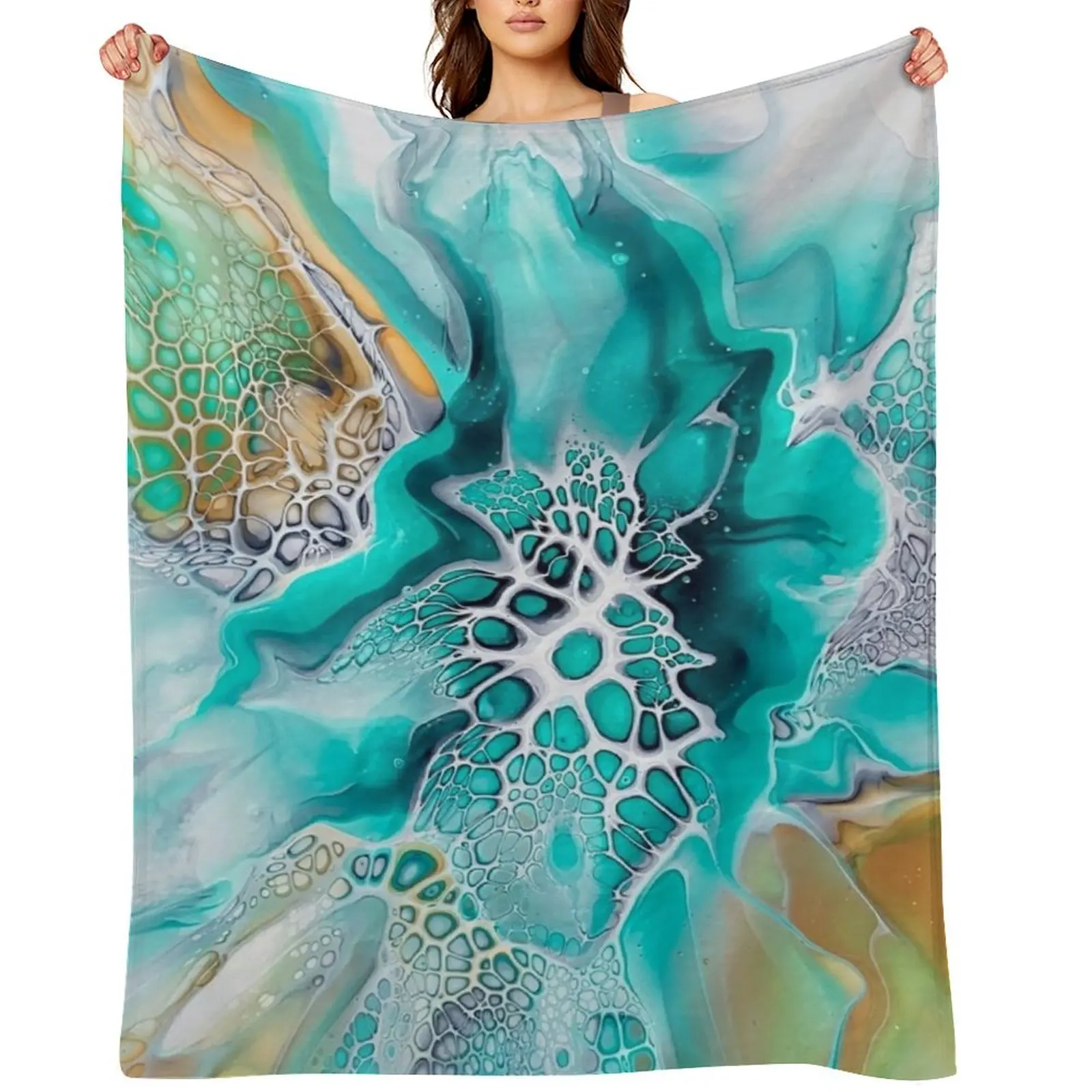 

Green Lagoon Inspired Fluid Pour Art Painting with Gold and Grey Throw Blanket for sofa Bed covers funny gift Blankets