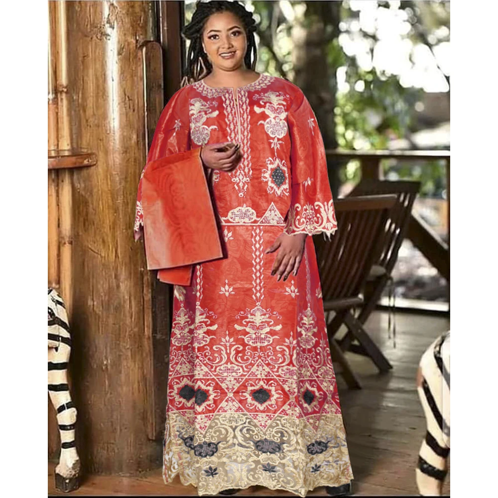 

H&D African Clothes for Women Plus Size Lace Dress Embroidery Bazin Wedding Party Dress With Bead South Africa Clothes Lady