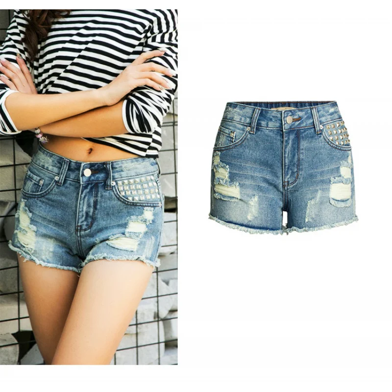 Women's Torn To Make Old Baggy, Wide-Legged Denim Shorts Summer Furred Shorts