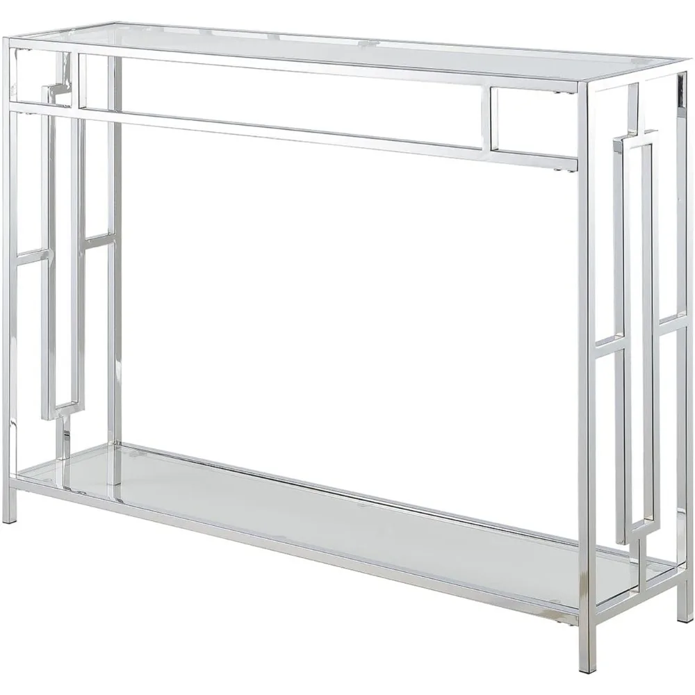 Console Table, Town Square Chrome Console Table with Shelf, Glass/Chrome, Accent Tables