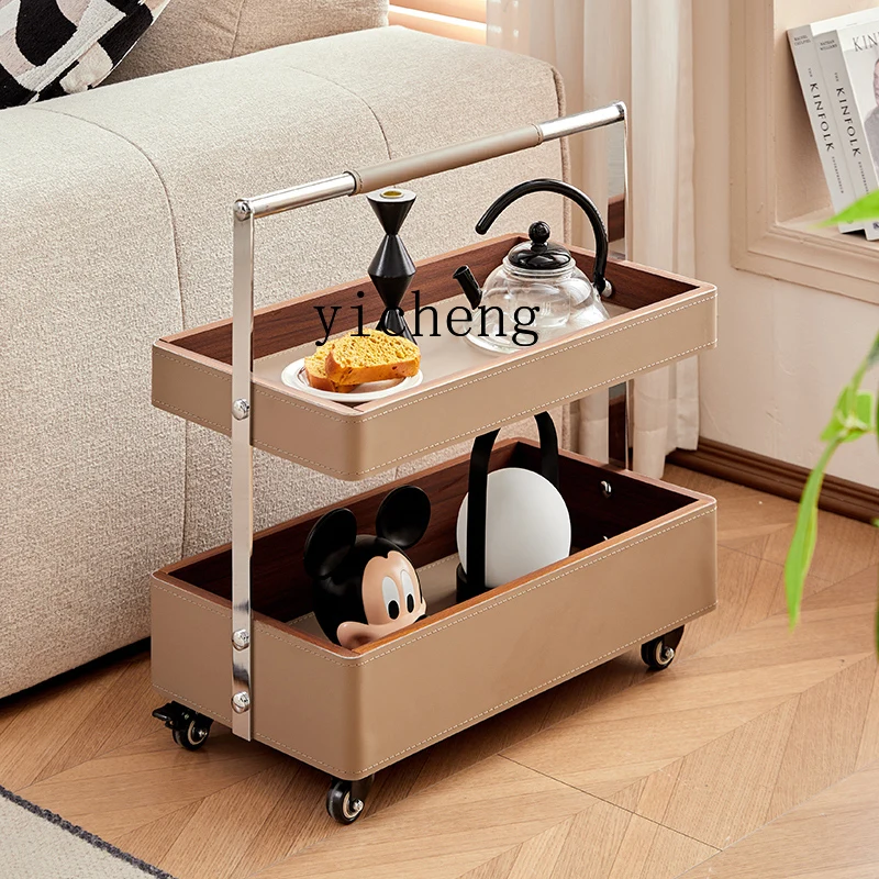 TQH mobile coffee table trolley saddle leather light luxury high-end feeling living room sofa side table household wheeler rack