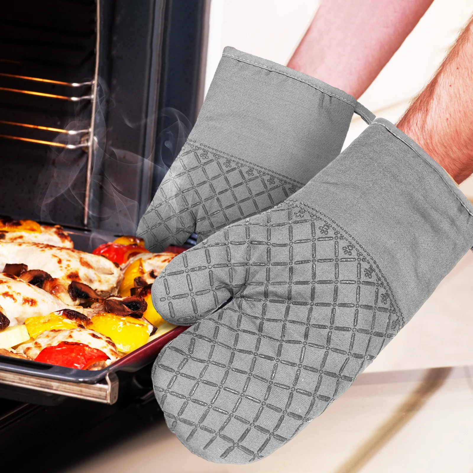 

1Set Oven Mitts Pot Holders Baking Gloves Silicone Grip Hanging Loops Heat Protective Cooking Mittens Kitchen Hot Dish Gripper