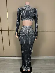 Black 2 Pieces Stones Mermaid Evening Party drag costume sexy festival show costumes evening dress  Birthday Special Ocassion