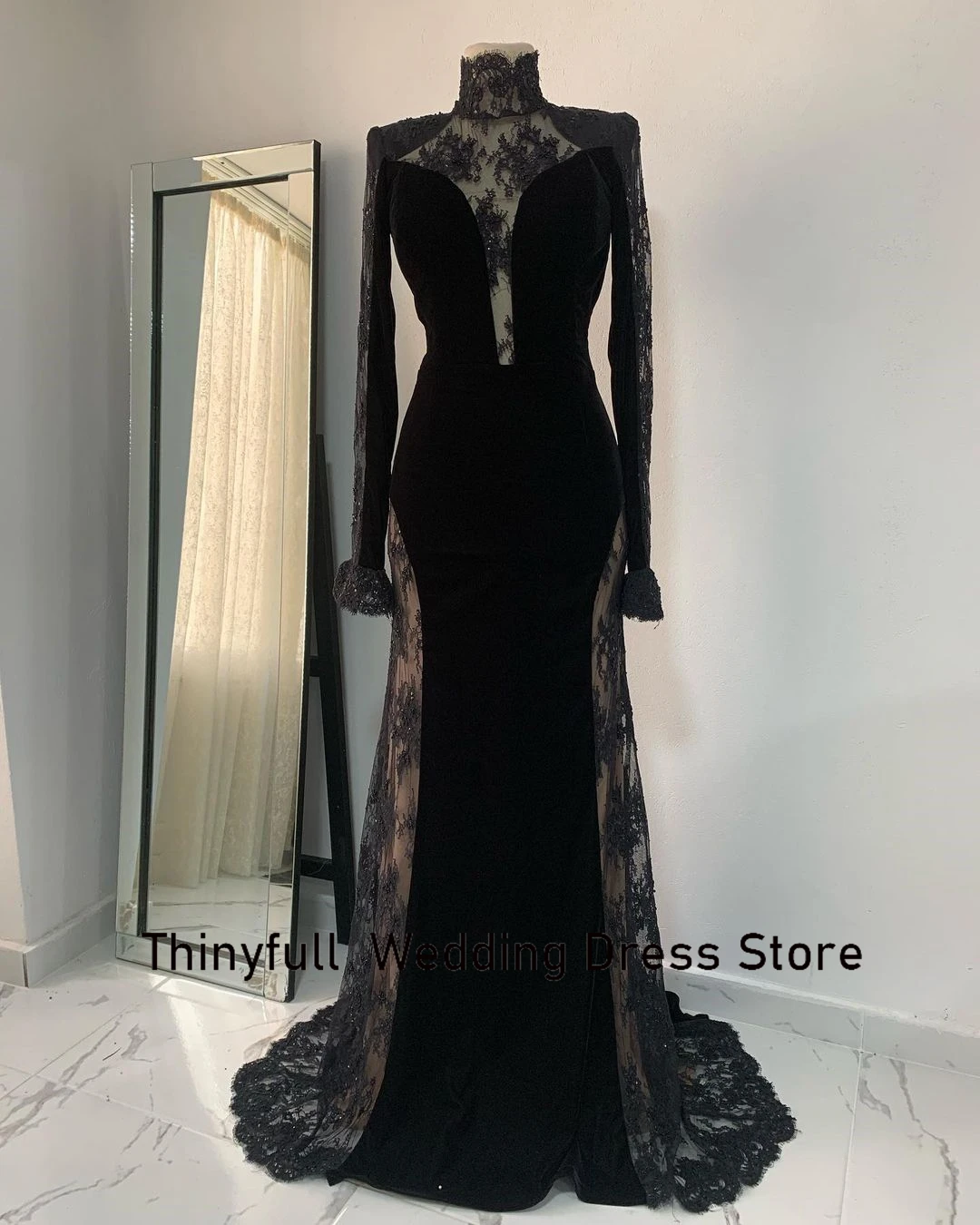 Thinyfull Elegant Mermaid Prom Dress High Neck Lace Long Sleeves Evening Party Dress Celebrity Gowns Vestidos De Noche 2023