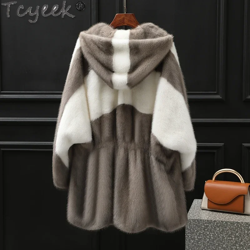 Tcyeek Real Mink Fur Coat Women Mid-length Whole Mink Natural Fur Jacket New Hooded Real Fur Jackets Woman Clothing Winter