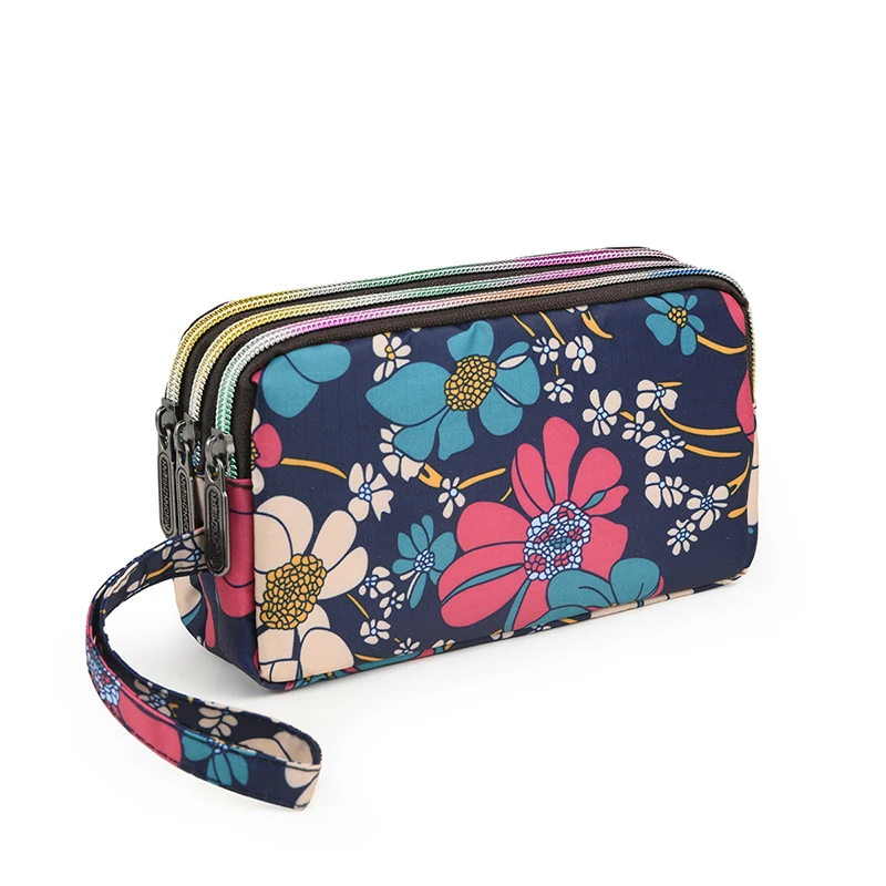 Zero wallet long-length canvas handbag, simple three-layer zipper handbag, small bag, large capacity mobile phone bag.