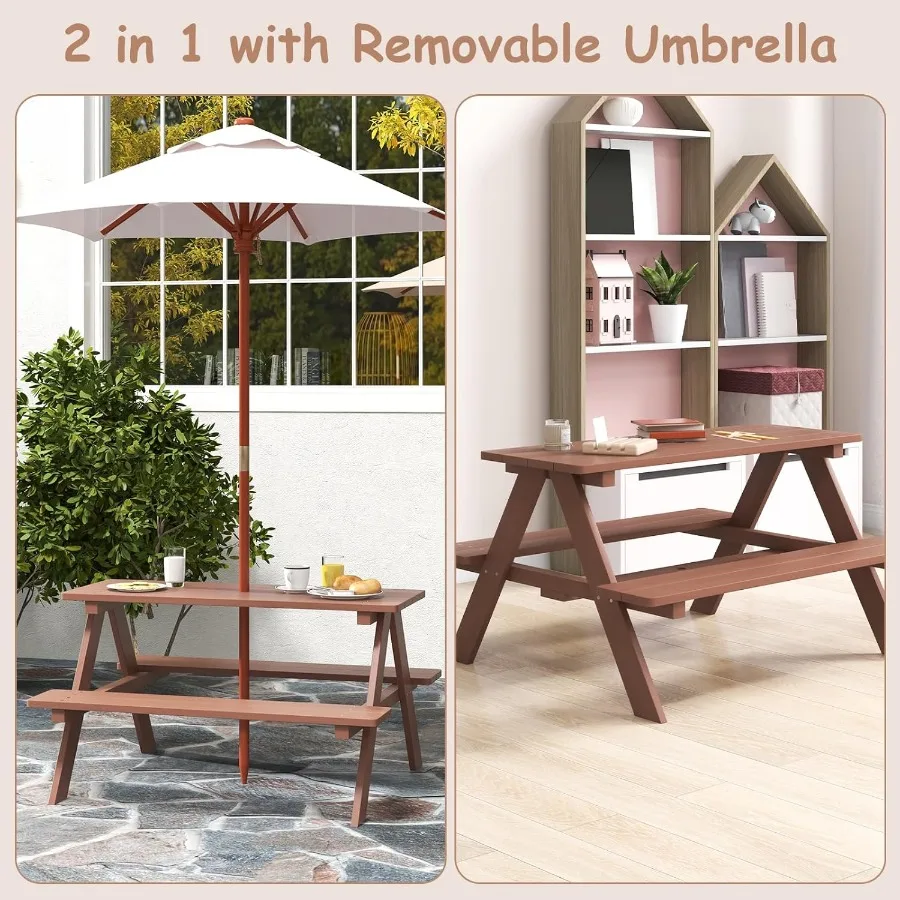 Natural Wooden Picnic Table Bench Set with Removable Umbrella for Outdoor Use in Backyard and Garden Durable and Stylish Patio