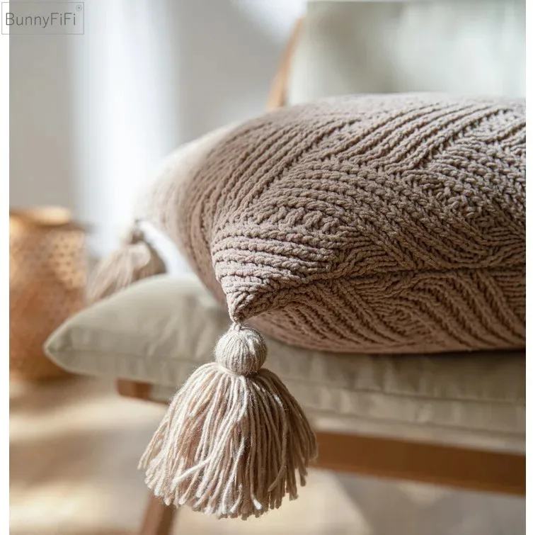 Decorative Chenille Knitted Cushion Cover Beige Grey Navy Pillow Cover with Tassels Home Sofa Bed Living Room 45x45cm Pillowcase