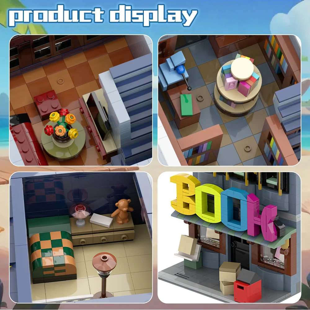 Moc pequena livraria blocos de construção modelo pequena livraria arquitetura vista rua tijolos montagem brinquedos crianças diy presentes aniversário