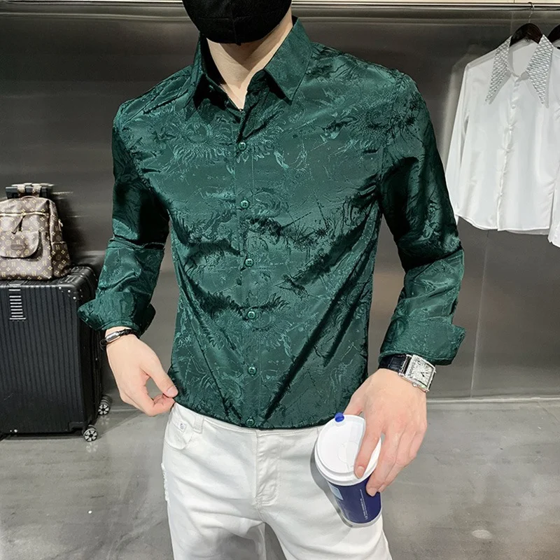 

Korean Fashion Jacquard Printed Men's Shirt Spring Autumn Solid Slim Fit Casual Long Sleeved Shirt for Men Y2k Men Clothing