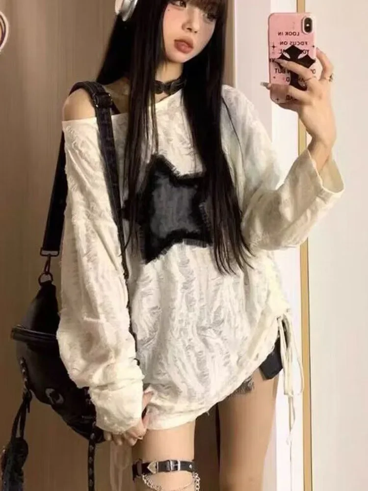 هول ستار فضفاض Y2K تي شيرت المرأة س الرقبة الرباط كم طويل تيز موضة الشارع الشهير Kpop البلوز القمم تي شيرت الإناث