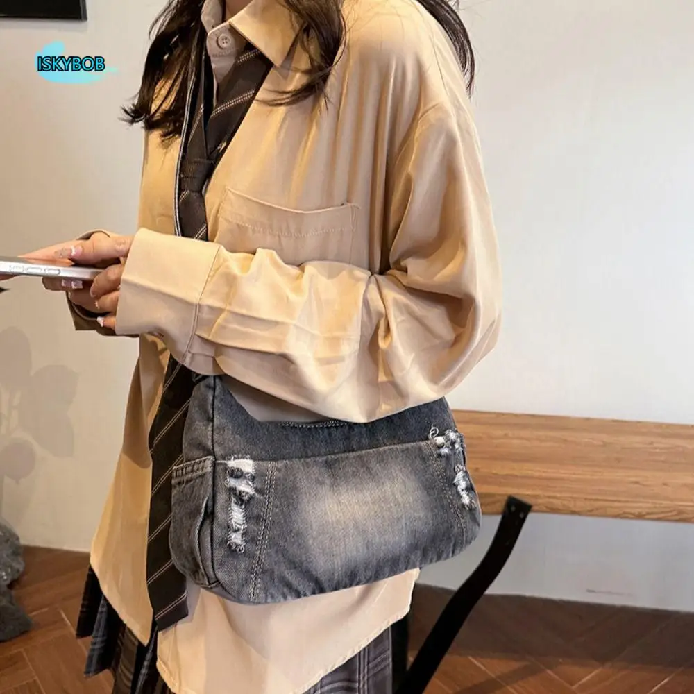 

Fashion Casual Cowboy Dumpling Bag American Style Adjustable Strap Denim Tote Bag Retro Harajuku Casual Underarm Bag Women
