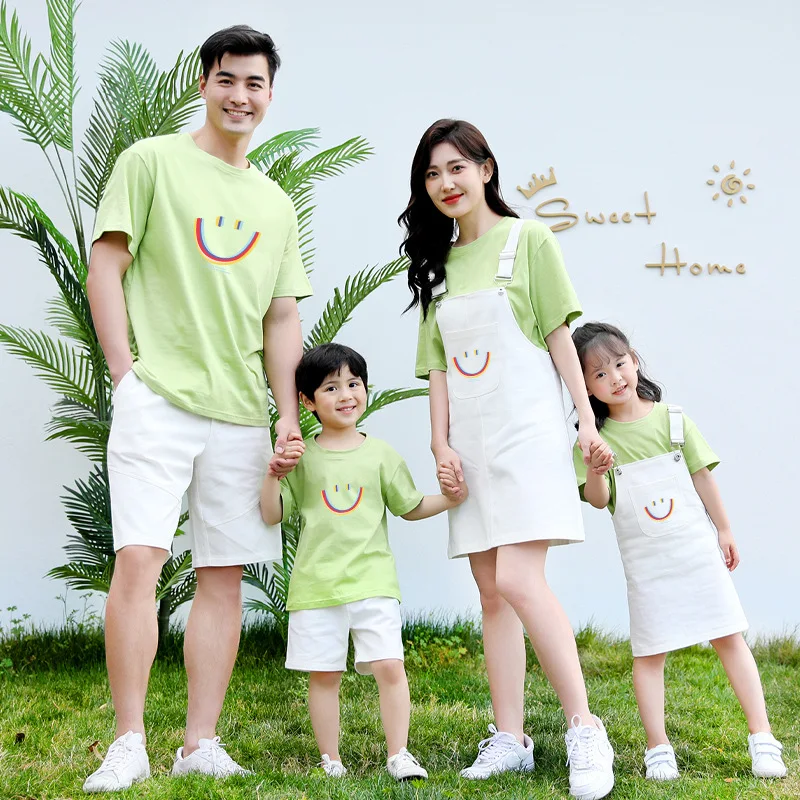 Mother Daughter Family Set Mom Dad Son Family Look Matching Clothes Matching Outfits Strap Dress Sets Cotton Shirts Summer Tees