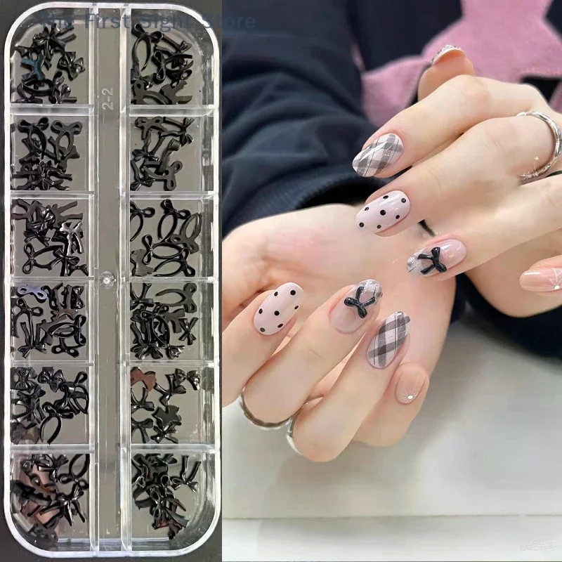 12 griglia/scatola dolce e carino papillon nero bowknot nastro charms accessori per nail art adorabili ciondoli per unghie decorazioni fai da te strumento per manicure