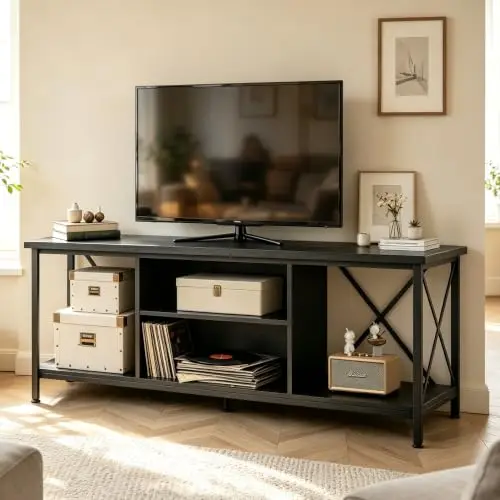 Industrial TV Stand for Up to 65 inch TV, Heavy-Duty Metal Frame Entertainment Center with Adjustable Shelves & Cable