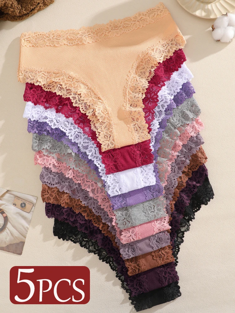 5 Stück Damen-Baumwollslips Nahtlose Spitzen-Blumenunterwäsche Hohe Taille Patchwork-Spitze Brasilianische Höschen Weiche Damenwäsche S-XXL