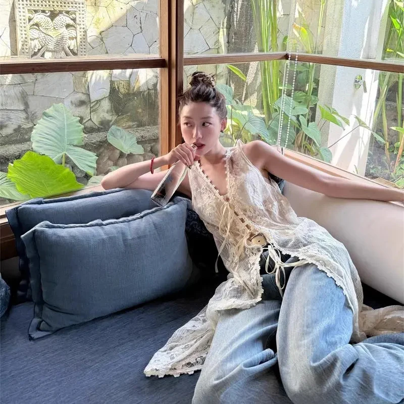 Seksowna koronkowa sukienka na ramiączkach Koreańska moda Wydrążona koronkowa długa sukienka Letni Harajuku Szykowny kardigan bez rękawów z dekoltem V Top Vestidos