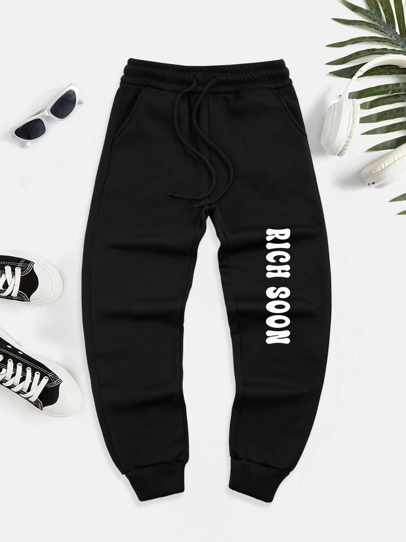 

Rich Soon Letter Printed Men Pocket Long Pants Comfortable Warm Men'S Trousers Casual Autumn Clothing Street Elastic Waist Pant