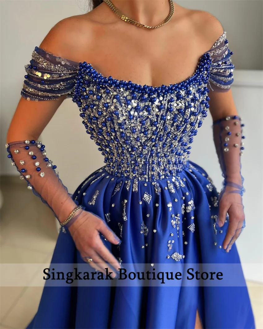 Royal Blue Evening Dresses With Two Gloves Pearls Beading Crystals Pleats فساتين طويلة Prom Party Gowns Wedding Reception Gown