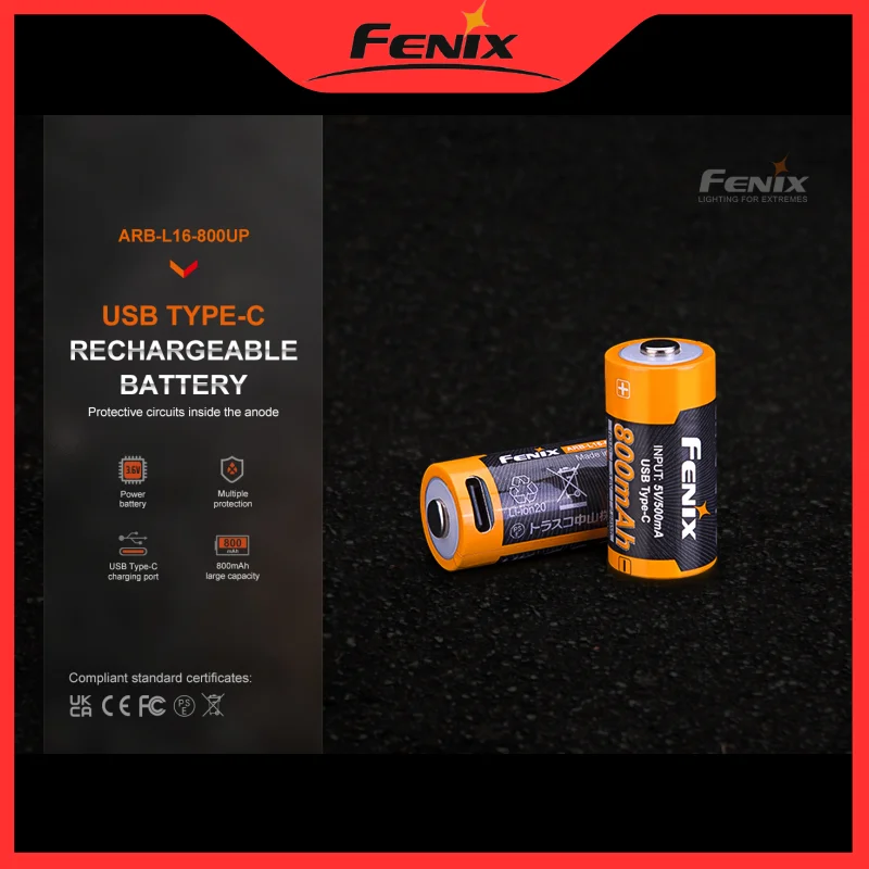 FENIX ARB-L16-800UP 800mAh 16340 USB TYPE-C Rechargeable Li-ion Battery