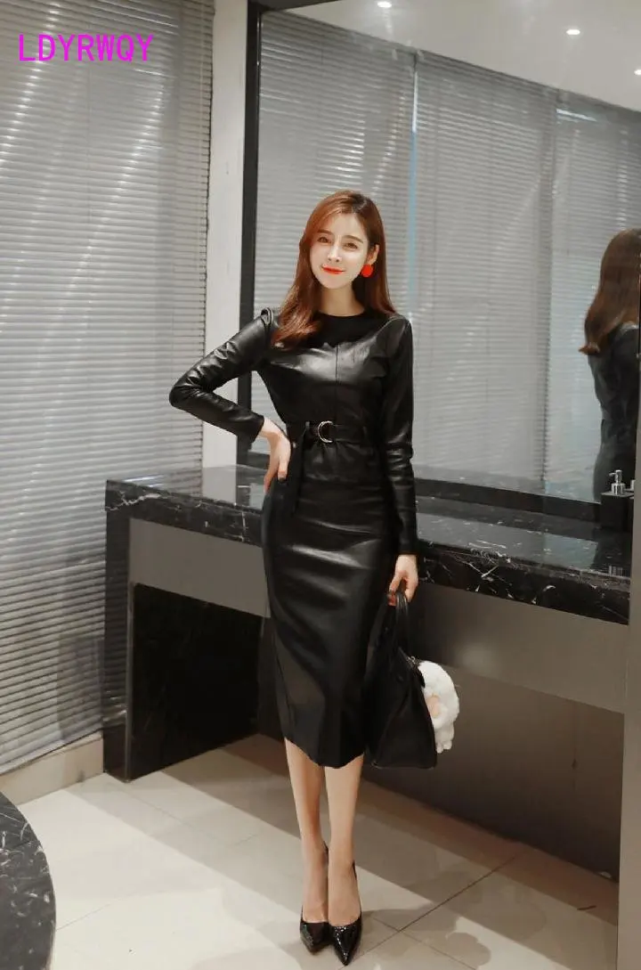 Leather skirt temperament bag hip two-piece autumn and winter new pu leather high waist suit skirt S-4XL