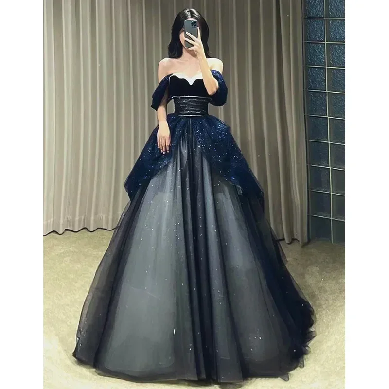 Slash Collar Slim Waist Strapless Ball Gown Wedding Party Dress Elegant Temperament Prom Robe Aesthetic Bling Evening Dresses