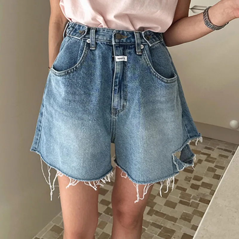 Retro Washed High Waist Wide Leg Jeans Shorts Women's Summer Vintage Label Ironed out Pocket Pants Cotton Breathable Shorts