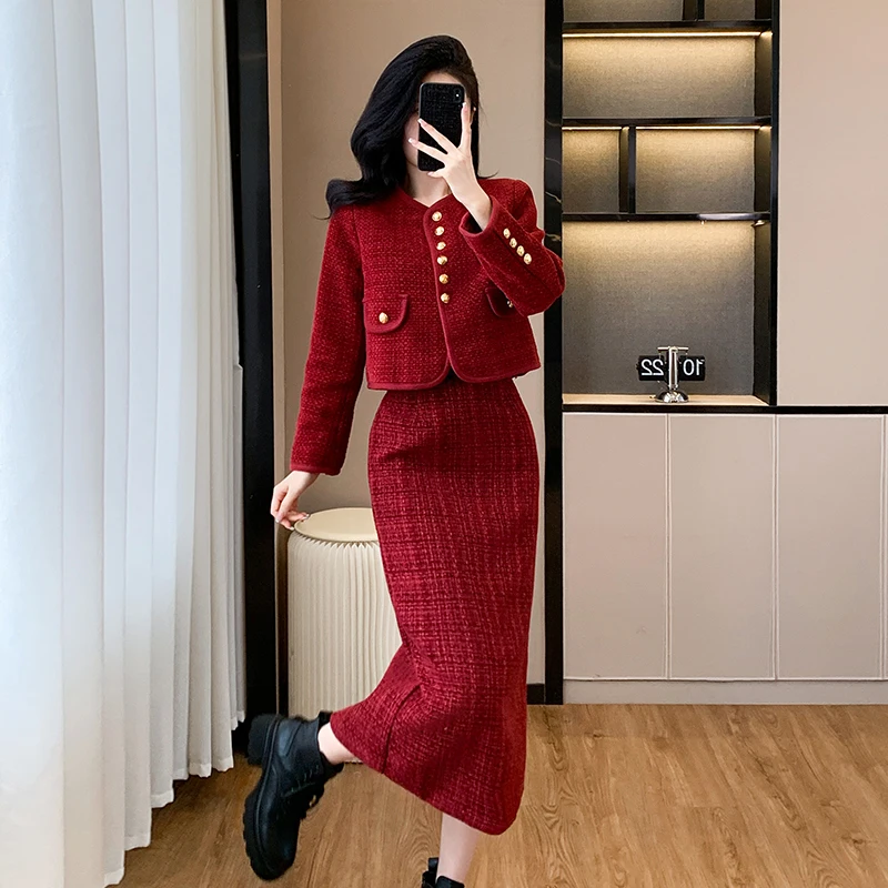 New Year Red Tweed Party Two Piece Set Elegant Women Gold Single Breasted Short Jacket Coat + Long Wool Bodycon Midi Skirt Suits