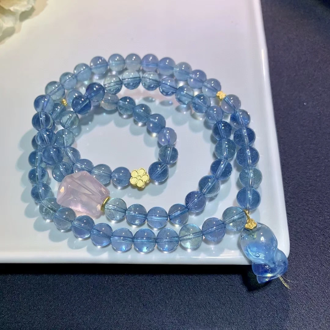 Natural Blue Aquamarine 3 Laps Beads Bracelet Jewelry Crystal 7.7mm Fox Pendant Aquamarine Beads Women Men AAAAAAA