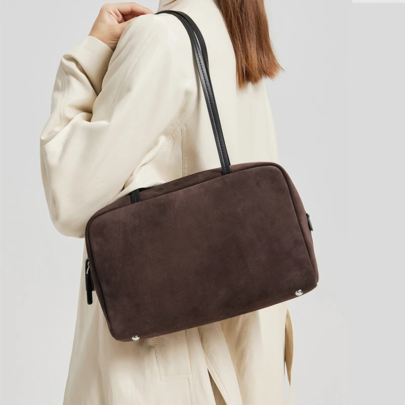 

Burminsa Retro Suede Genuine Leather Underarm Shoulder Bags For Women 2025 Luxury Designer Bowling Satchel Tote Ladies Handbags