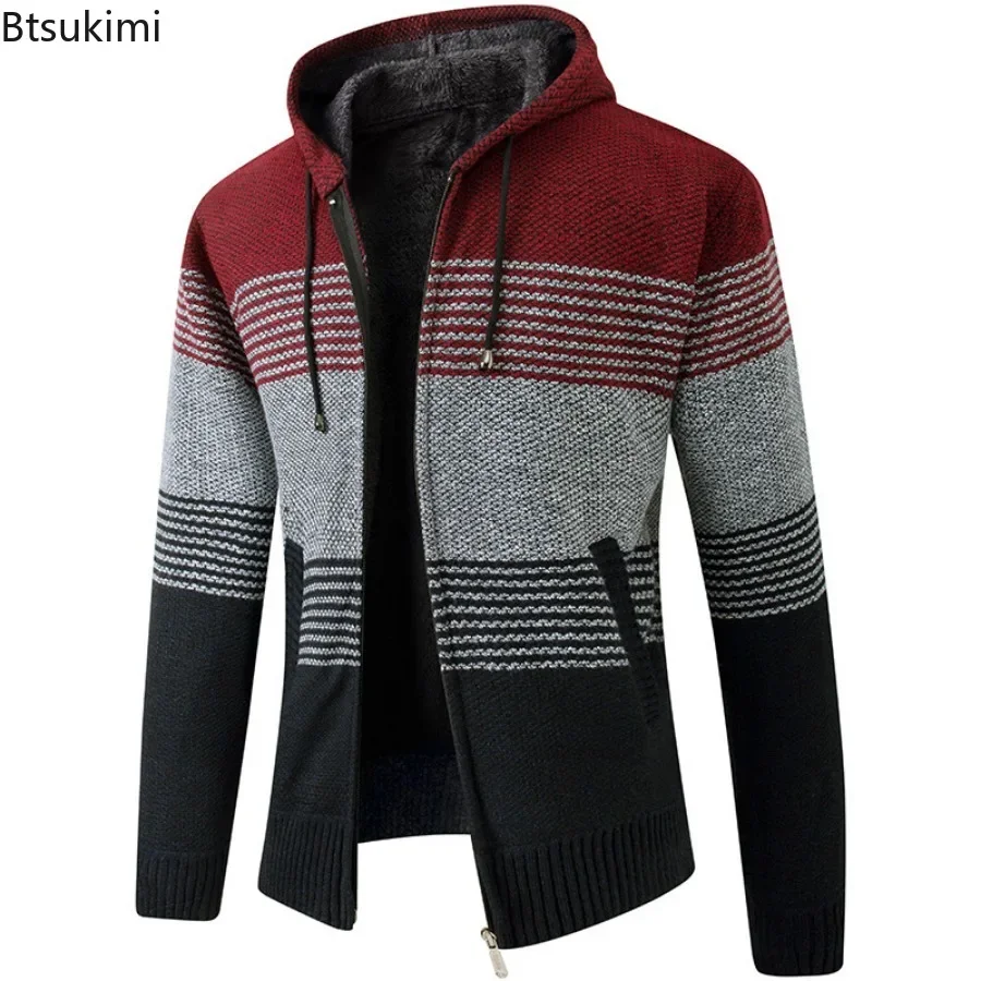 New Autumn Winter Trend Sweater Men's Thicker Fleece Warm Sweater Jackets Korean Striped Stylish Hooded Knitted Cardigan for Men