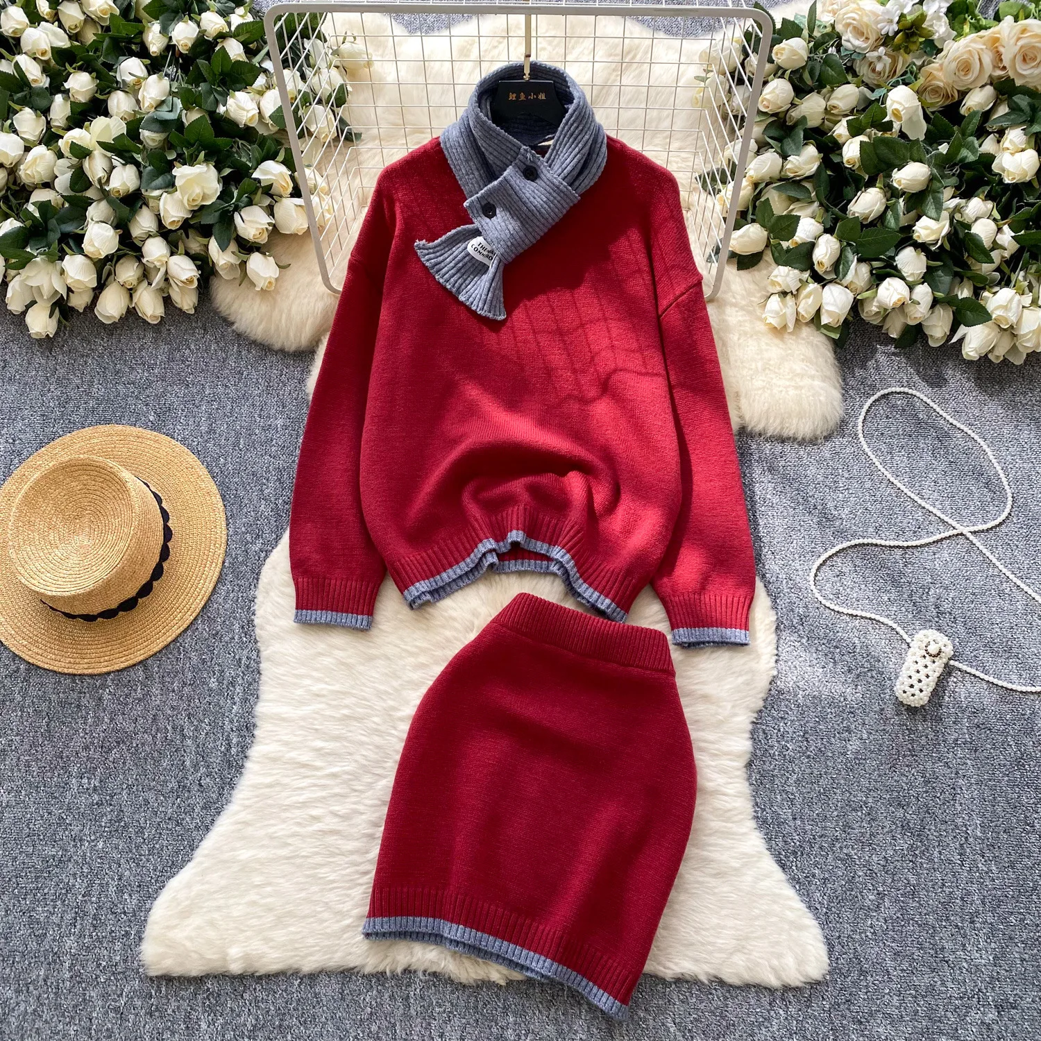 

Two Piece Sets Women Skirt Set Full Sleeve Sweaters Short Skirts A Line Sweaters High Waist Y2k Streetwear Elegant Work Autumn