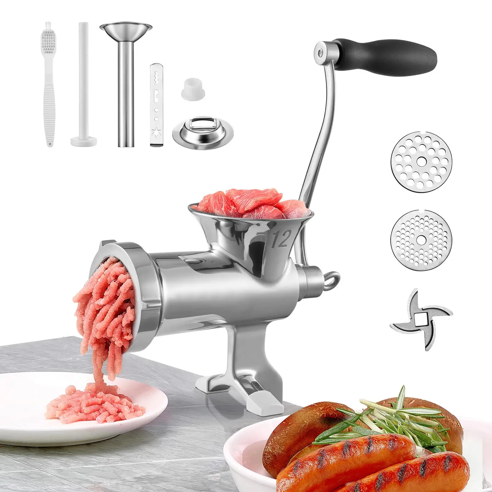 Manual Meat Grinder 304 Stainless Steel Hand Crank Meat Mincer with Table Clamp 2 Cutting Plates Sausage Maker Tube and Cookie Attachment for beef Pepper and Mushrooms