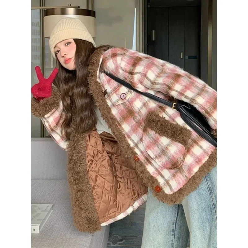 

Розовое клетчатое пальто из овечьей шерсти для женщин, новинка зимы 2024, корейская стеганая толстая теплая куртка с хлопковой подкладкой, взрывная мода