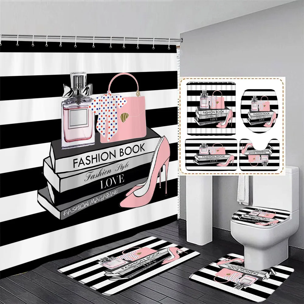 Pink Perfume Shower Curtain Set Butterfly Flowers Black White Striped Fashion Bathroom Decor Non-slip Rug Bath Mats Toilet Cover