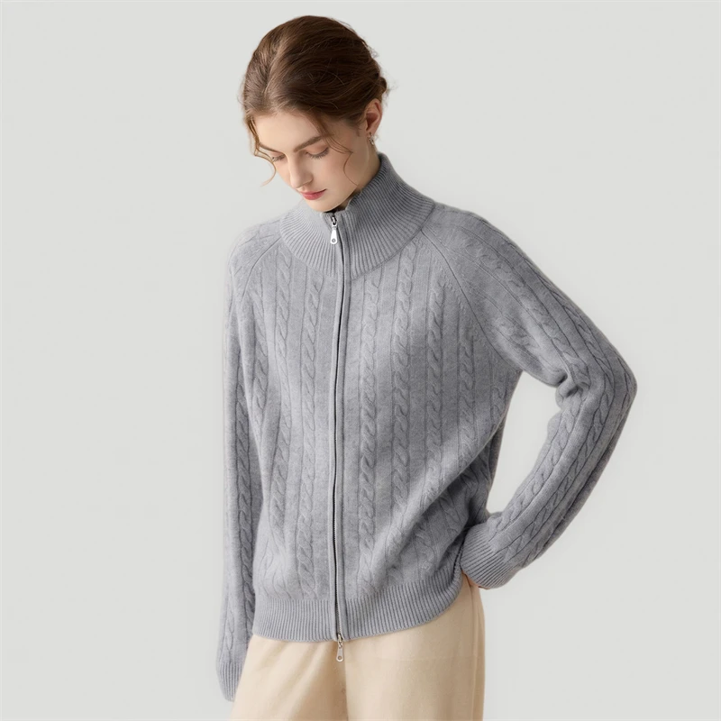 100% Pure Cashmere Women's Cardigan Old Money Style Stand Collar Zipper Fried Dough Twists Knitted Pullover Thickened Warm Sweat