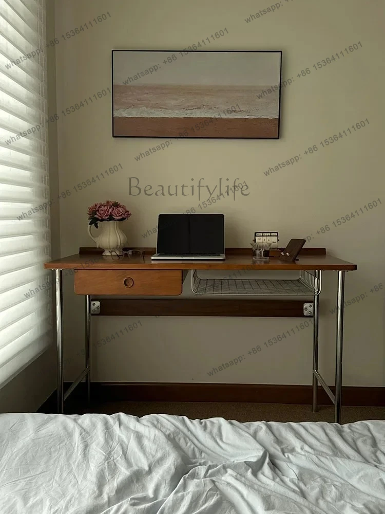 Japanese-style medieval log desk dresser integrated bedroom solid wood stainless steel rectangular table