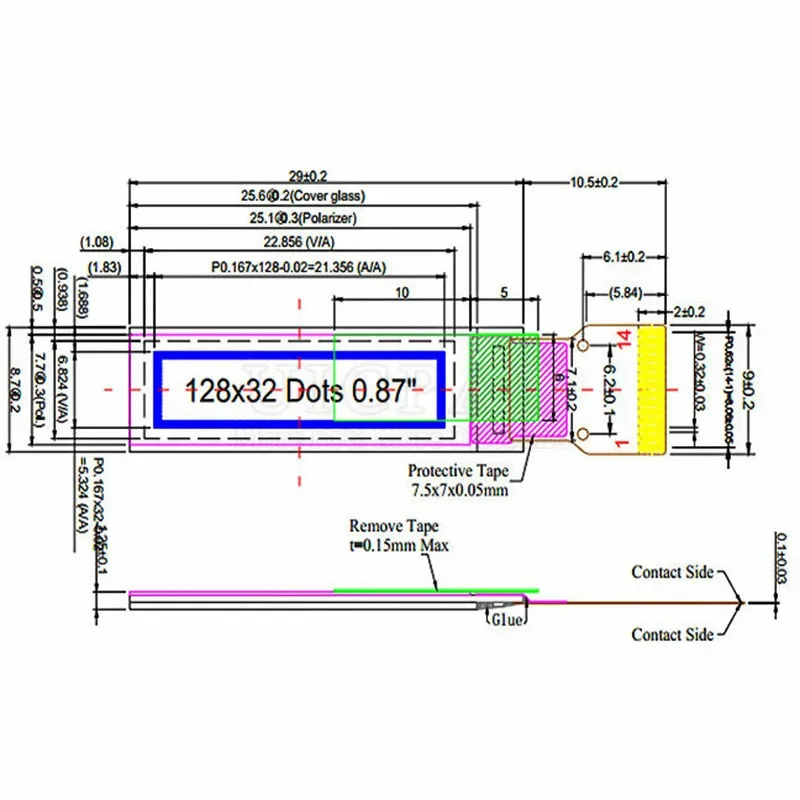 0.87 Inch OLED Display Module Wristband Display 128*32 14PIN SSD1316 Driver I2C IIC Interface Electronic Communication Display