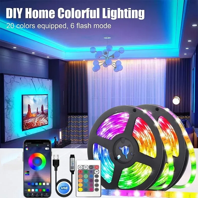 RGB LED Strip Light 1-30M USB 5V Flexible Ribbon Bluetooth APP Control Music Sync 24Key Remote for Home TV Backlight Decoration