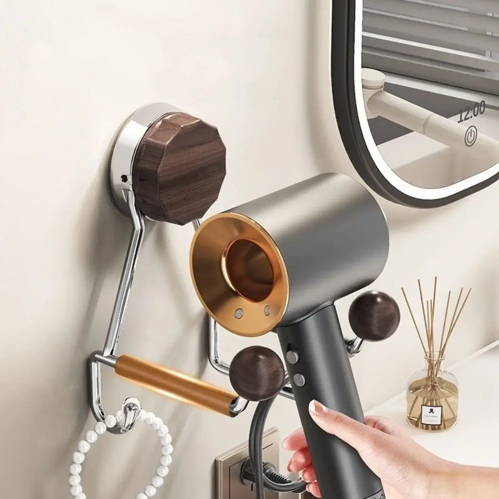 Wall Mounted Hair Dryer Rack Suction Cup Style Space Saving Suction Cup Storage Rack Wood-Look Adjustable Hair Dryer Holder