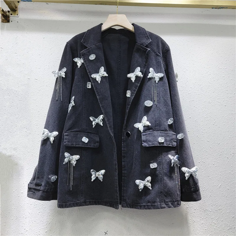 

SuperAen Fashion Three-dimensional Butterfly Decoration Loose Denim Suit Jacket for Women 2024 New Jacket