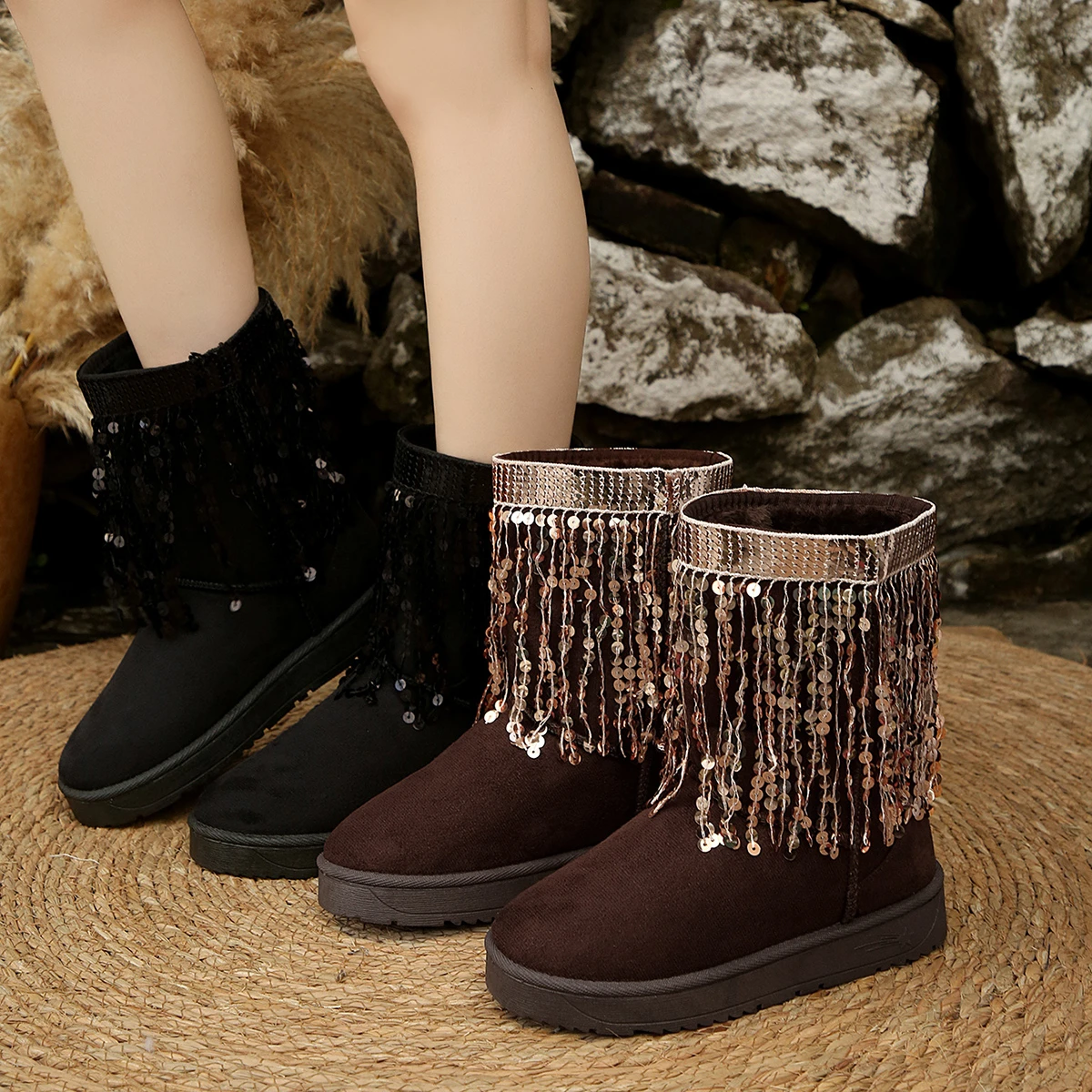 

Women's Retro Ethnic Snow Boots Tassel Decoration Knee-length Mid-tube Boots Women's Winter Shoes Fashion Platform Zapatos Mujer