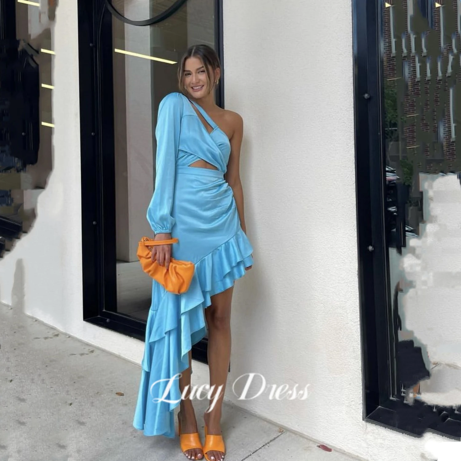 

Lucy Evening Gown Shoulder Sleeve Formal Dress Light Blue Guest Wedding Party Asymmetrical Women's 2023 Graduation Reunion Prom