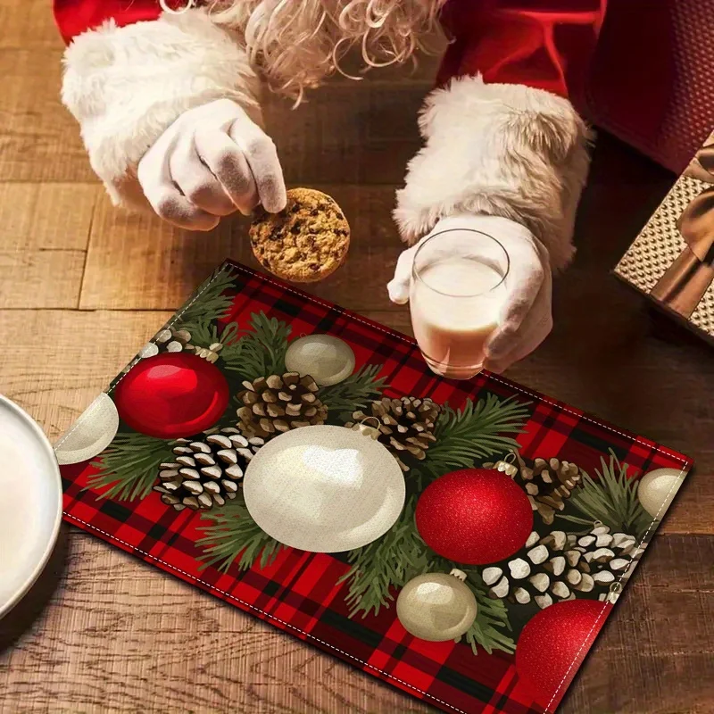 2pc Christmas Grid Pinecone Embroidered PlacematsLinenRectangle ShapeWovenHeatproofTabletop ProtectionFor Home KitchenParty Deco