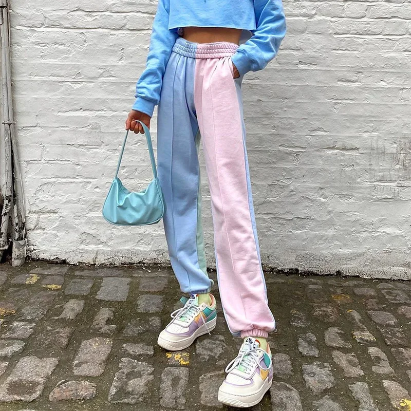 

Contrast Color Baggy Women Losse Hight Jogger Sweatpants Casual Pink Blue Patchwork High Waist Trouser Hip Hop Streetwear Female